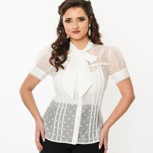 NWT Unique Vintage 1940s White Dot Tie Neck Blouse Size 2X/18